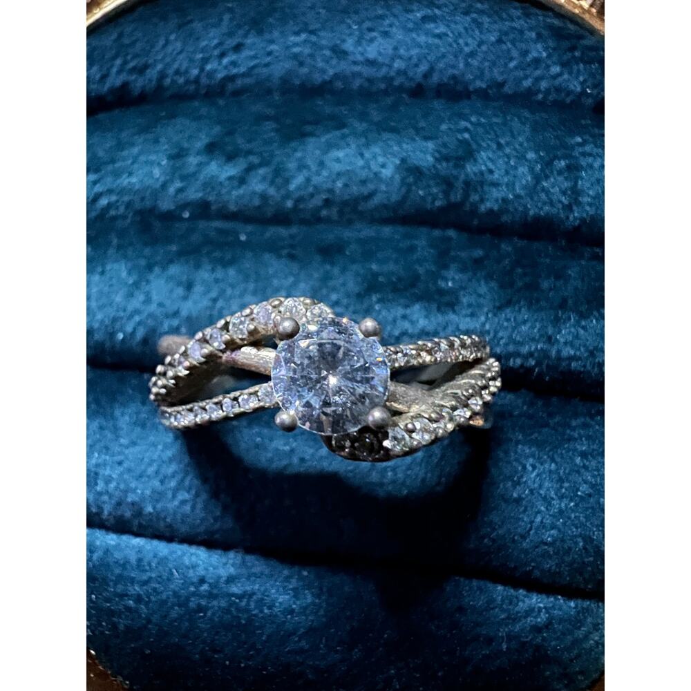 Size 10 Sterling Silver CZ Engagement Ring Twisted Pave Band S925